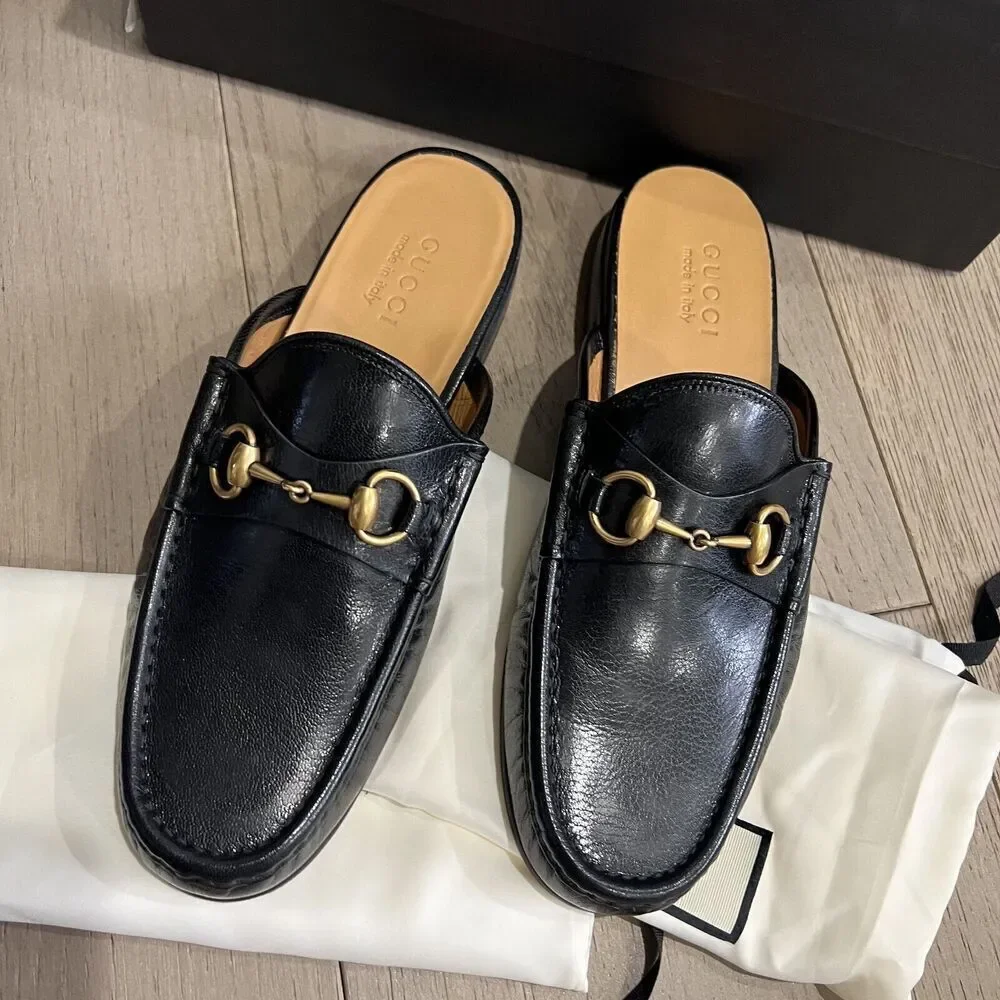 GUCCI Quentin Horsebit Mules Loafers Men's Open Roos Black Size 9 NEW